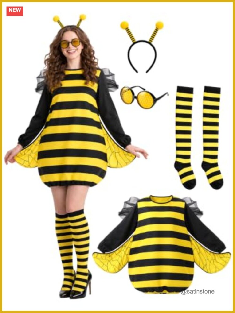 4 Pc Bumble Bee Costume Set Dress Wings Antenna Socks Sunglasses